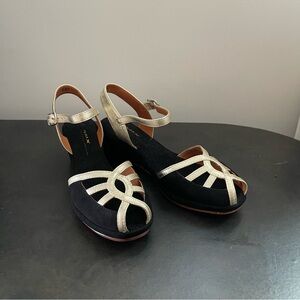 Re-Mix Black Suede Wedge Sandals Gold Leather Straps Ankle Strap Size 6 French